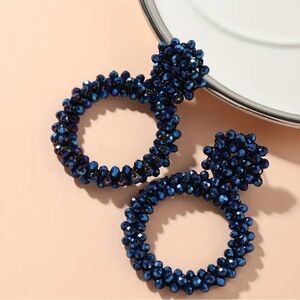 NEW-Navy Blue Beaded Hoop Statement Earrings